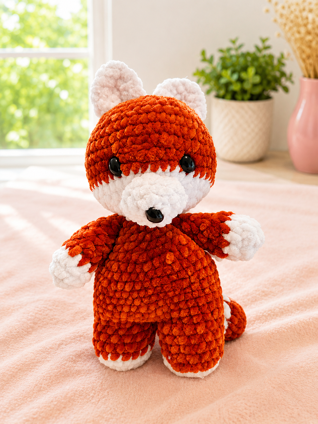 Handmade Crochet Fox Plush – Soft Chenille Yarn Orange & White Fox
