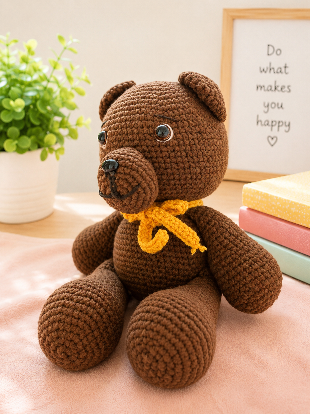 Handmade Crochet Teddy Bear Plush – Brown Bear with Yellow Scarf