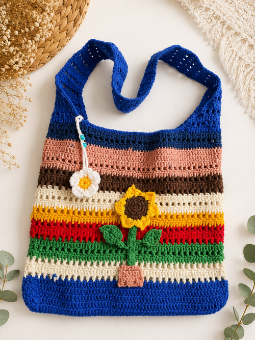 Handmade crochet tote bag flat lay with sunflower appliqué and daisy charm