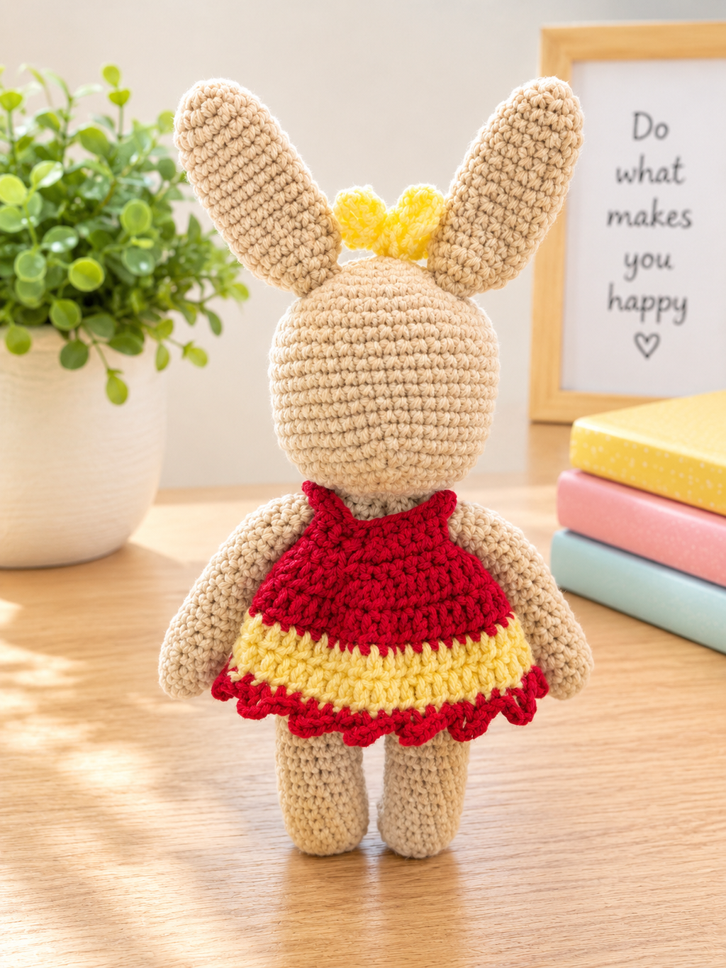 Handmade Crochet Girl Bunny Plush – Red & Yellow Dress | Cotton Yarn