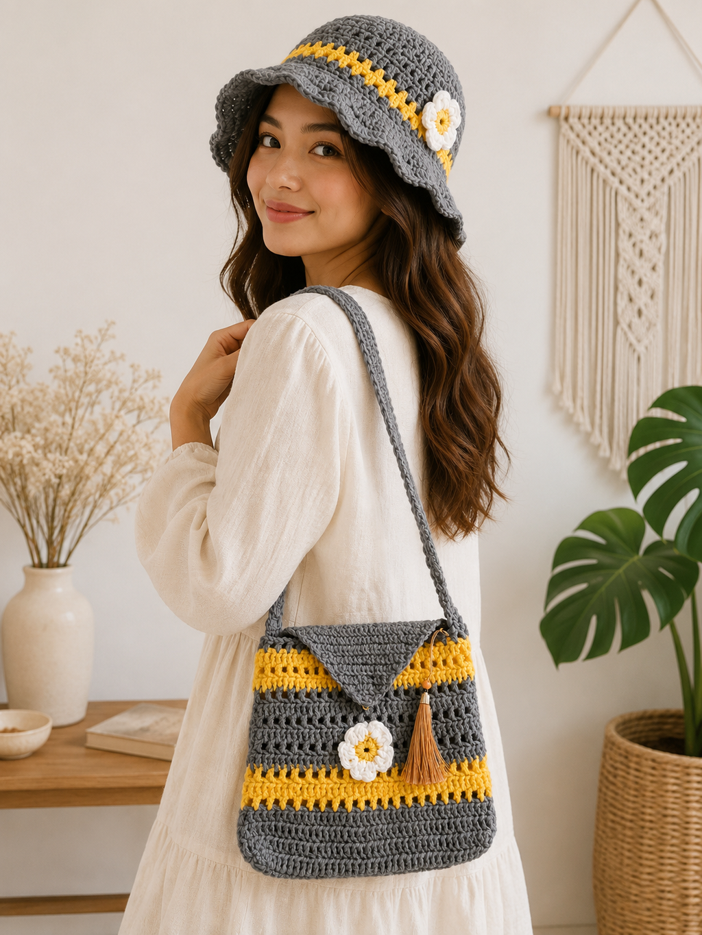 Handmade Crochet Bucket Hat & Shoulder Bag Set