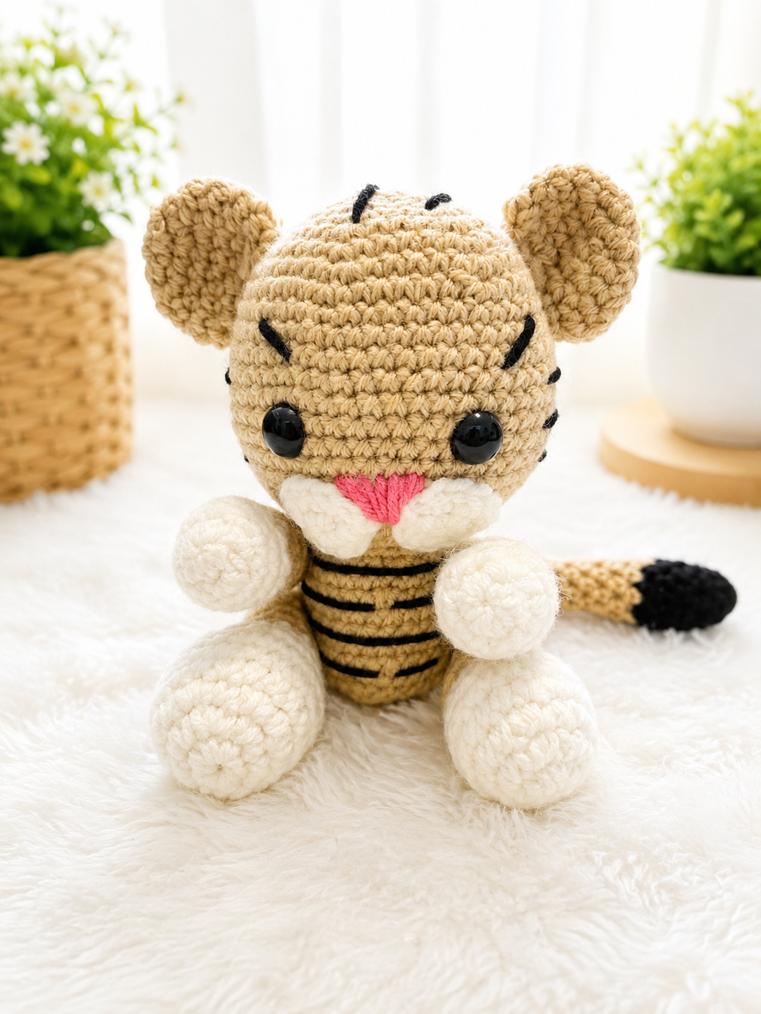 Handmade Crochet Tiger Plush – Beige & Black Tiger Stuffed Animal