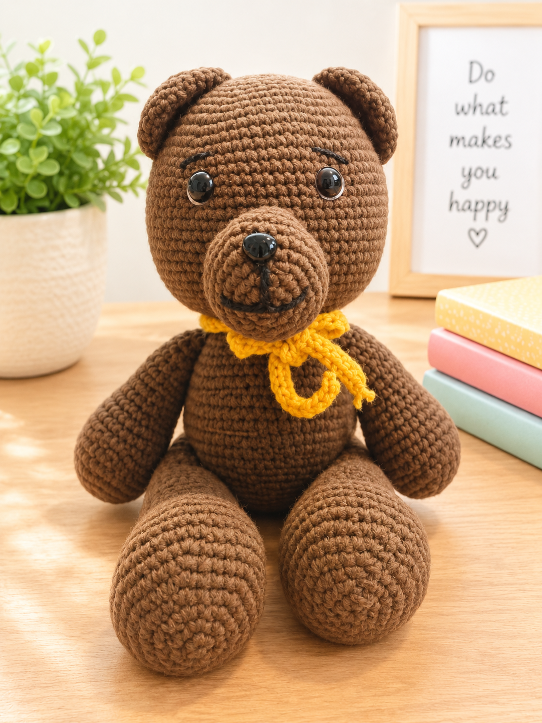 Handmade Crochet Teddy Bear Plush – Brown Bear with Yellow Scarf