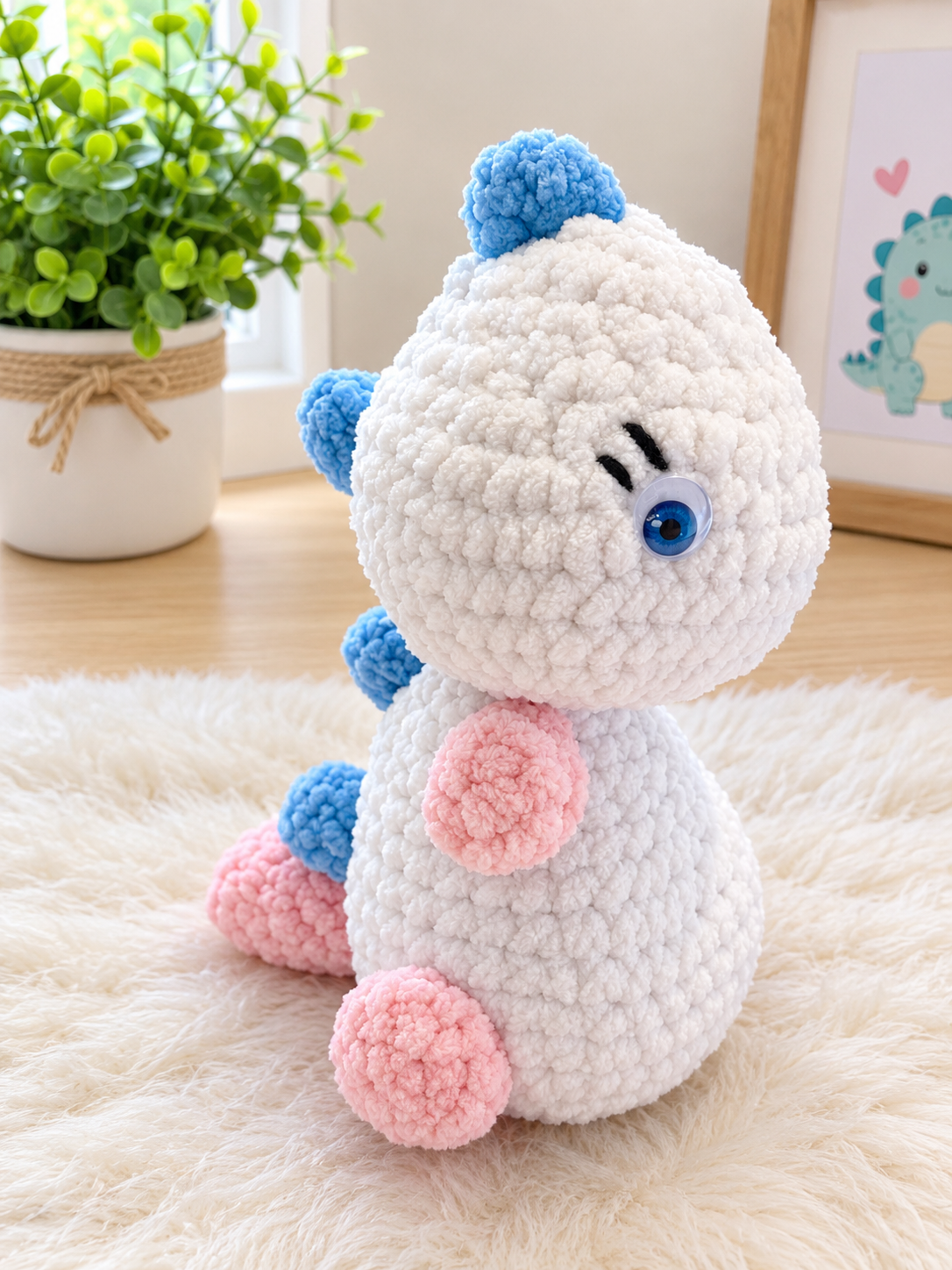 Handmade Crochet Dinosaur Plush – Soft Chenille Yarn | Blue & Pink Dino Stuffed Animal