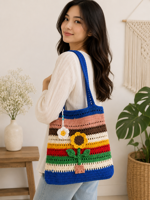 Model wearing handmade crochet tote bag with sunflower appliqué over shoulder