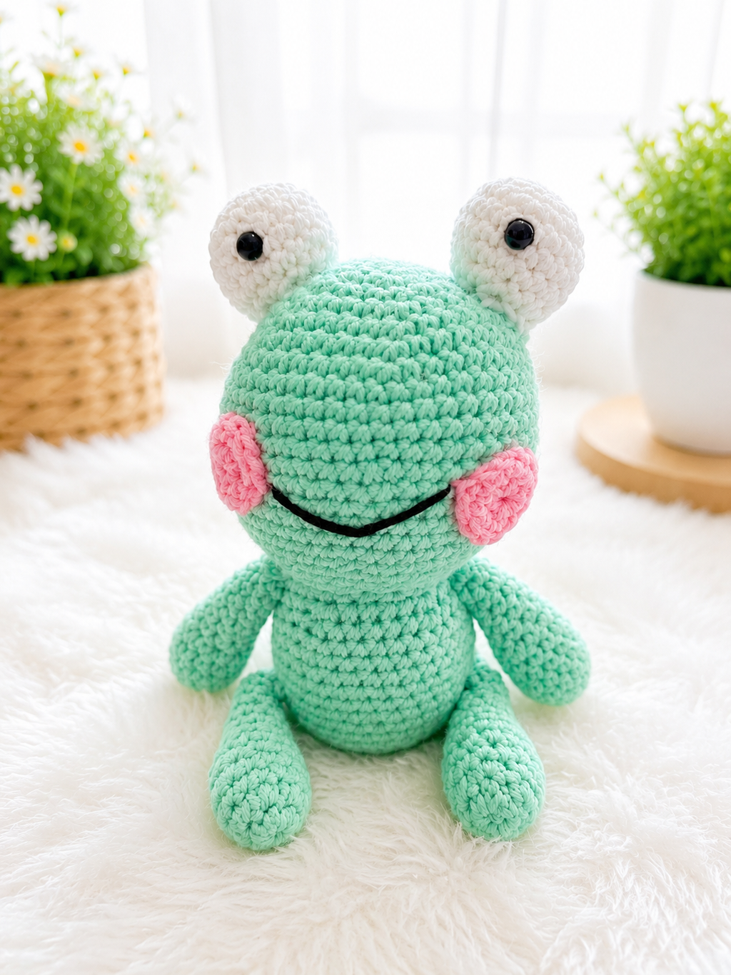Handmade Crochet Frog Plushie – Mint Green Frog Stuffed Animal