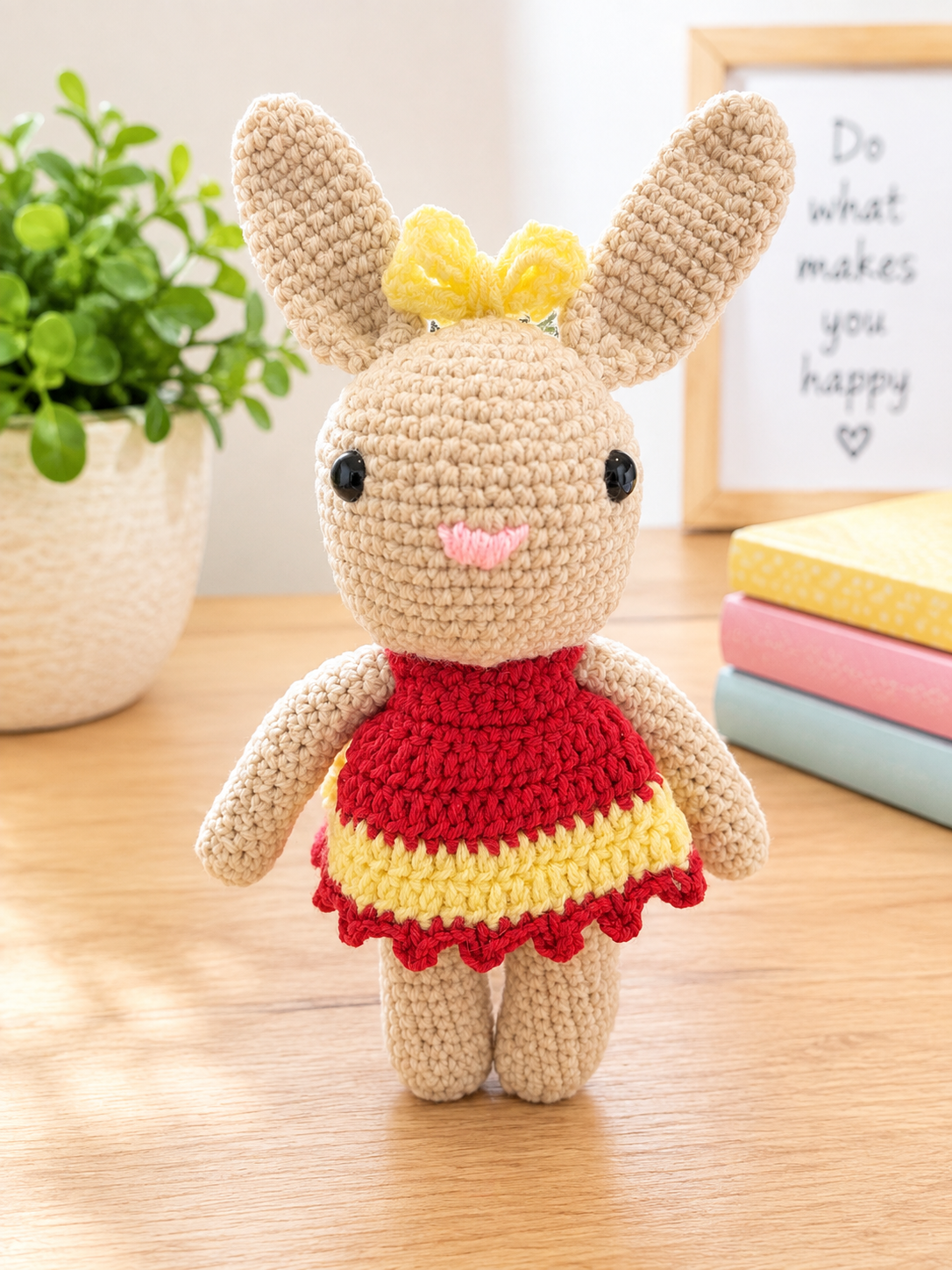 Handmade Crochet Girl Bunny Plush – Red & Yellow Dress | Cotton Yarn