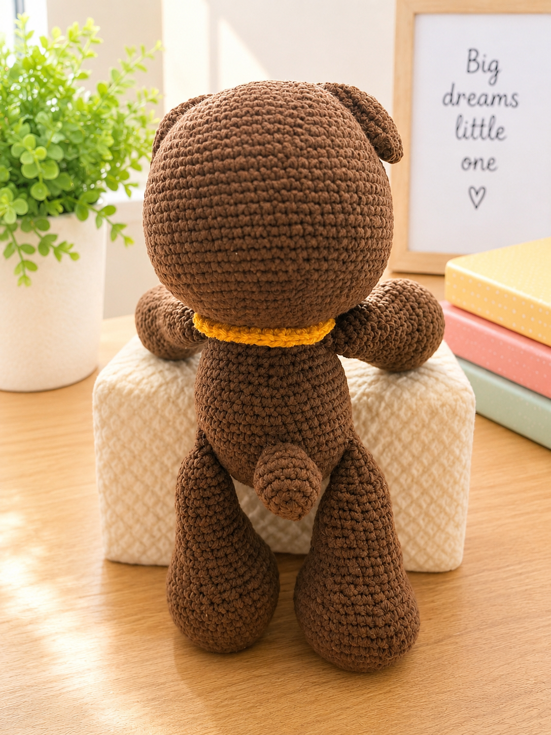Handmade Crochet Teddy Bear Plush – Brown Bear with Yellow Scarf